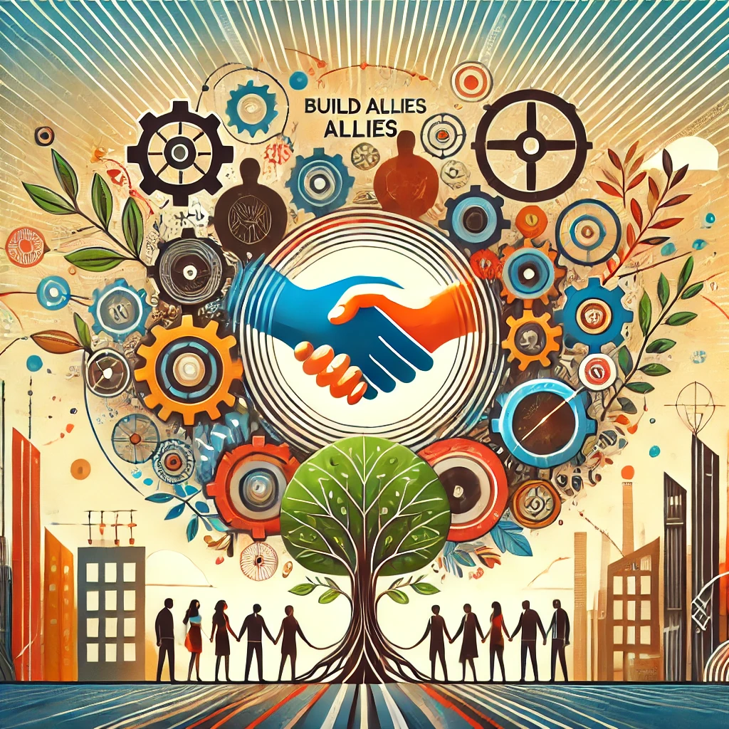 A symbolic illustration representing the concept of building allies. The image should feature a diverse group of people joining hands in a circle, sym